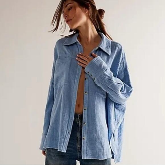 Free People We The Free Cardiff Top in Blue Bell Oversized Large Gauze Cotton - Picture 4 of 11